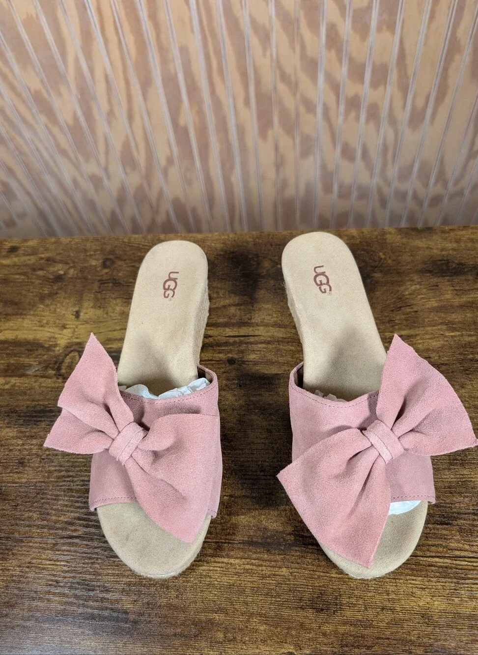 UGG Women’s Size 9.5 Dusty Rose Pink Suede Bow Jaycee Wedge Slides